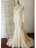 Long Sleeves Ivory Lace Beaded Wedding Dress With Champagne Lining